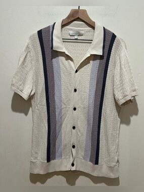 Standard Cloth Bowling Stripe Short Sleeve Sweater Button Up Shirt - Size Medium